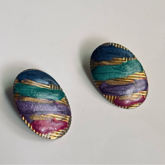 Vintage Rainbow Enamel Oval Stud Earrings Colorful Retro 80s 90s - Picture 5 of 8